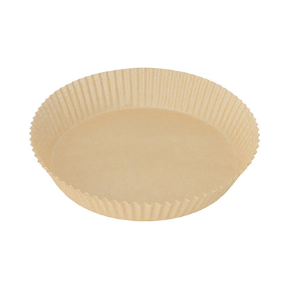 Op een witte achtergrond is een enkel beige, rond PAPSTAR 100 bakpapier voor heteluchtfriteuses (hoogte 4,5 cm) van de PAPSTAR GmbH afgebeeld - ideaal voor heteluchtfriteuses.