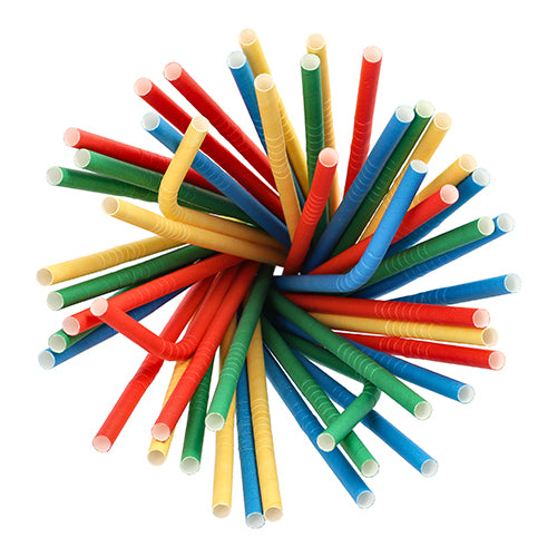 Een bovenaanzicht van kleurrijke PAPSTAR shake-rietjes van papier (Ø 8 mm, 25 cm, assorti kleuren, flexibel, 100 stuks) van de PAPSTAR GmbH, gerangschikt in een cirkelvormige bundel met open rode, blauwe, groene en gele milieuvriendelijke rietjes op wit.
