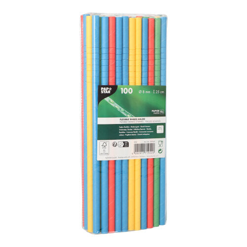 Een 100-pack PAPSTAR GmbH shake-rietjes van papier, Ø 8 mm, 25 cm, in verschillende flexibele kleuren. Verpakt in helder plastic met groen etiket - ideaal voor feestjes of dagelijks gebruik.