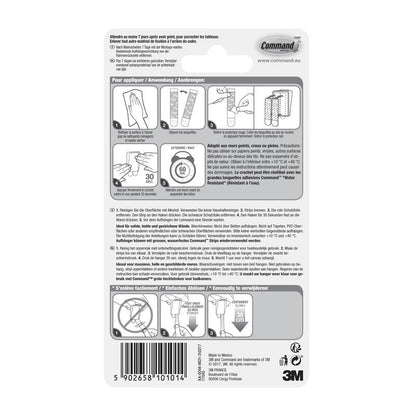 Achterkantverpakking van de Command™ canvasophanger van 3M Deutschland GmbH met barcode, productdetails, 3M-logo en geïllustreerde instructies in het Frans, Duits en Nederlands voor het aanbrengen en verwijderen van kleefstrips.