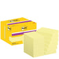 Een gele doos met 3M Post-it® Super Sticky Notes (Geel, 51 x 76 mm, 90 vel/Blok, 12 blokken/doos, PEFC-gecertificeerd) staat naast twaalf afzonderlijke stapels die in twee kolommen zijn gerangschikt.