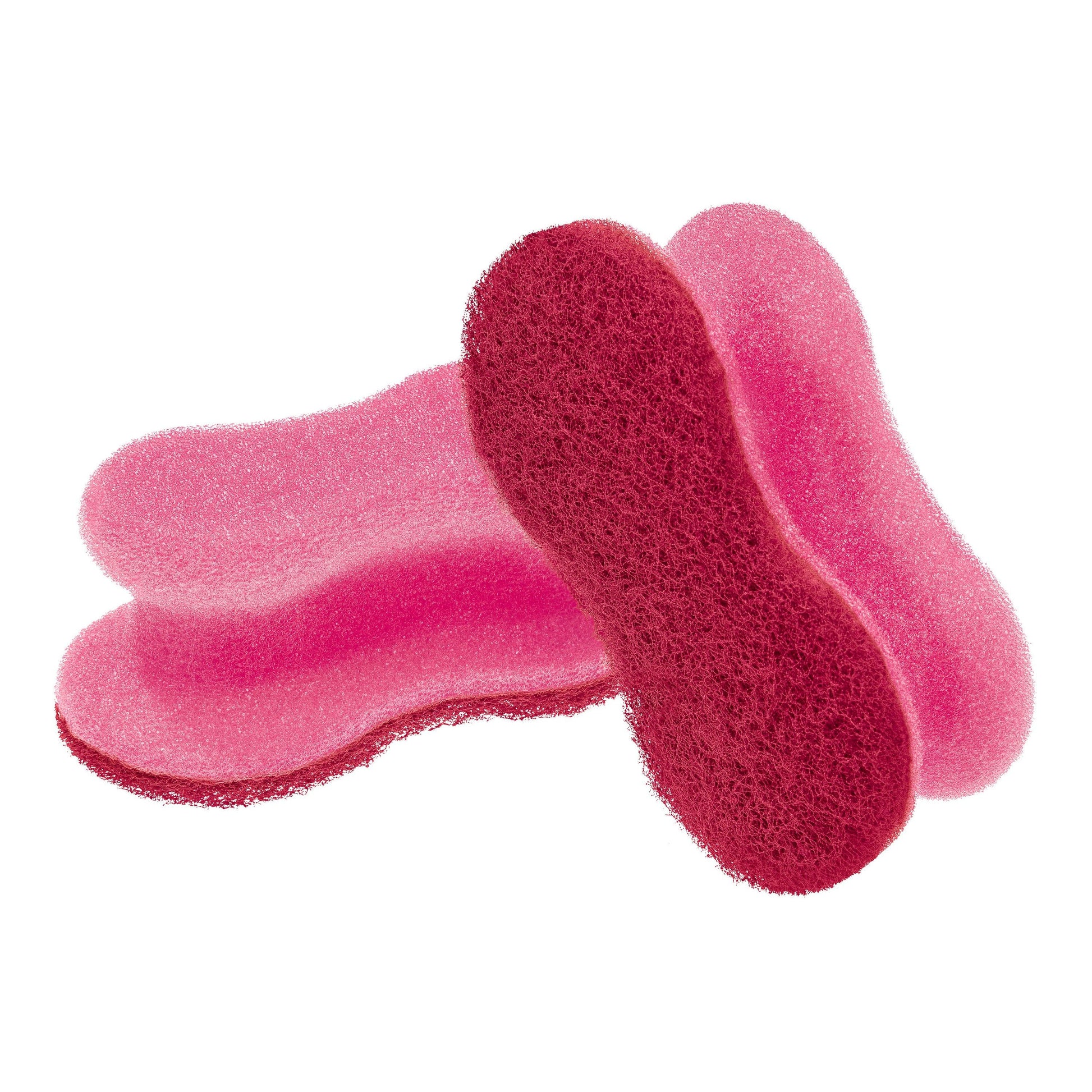 Zwei rosafarbene Scotch-Brite® Delicate Color Comfort nicht kratzender Reinigungsschwamm von 3M Deutschland GmbH sind gestapelt auf weißem Hintergrund abgebildet. Sie reinigen schonend empfindliche Oberflächen und hinterlassen keine Kratzer. Die Packung enthält 2 Stück.