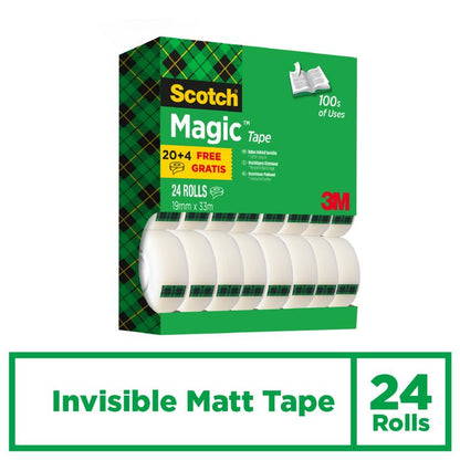 Een groen-zwarte voordeelpak-doos van Scotch® Magic™ Onzichtbare Plakband van 3M Deutschland GmbH, die 24 rollen (19 mm x 33 m) bevat, met de tekst "Invisible Matt Tape". Op de doos staat "100s of Uses" en "20+4 Free Gratis", met het 3M-logo.
