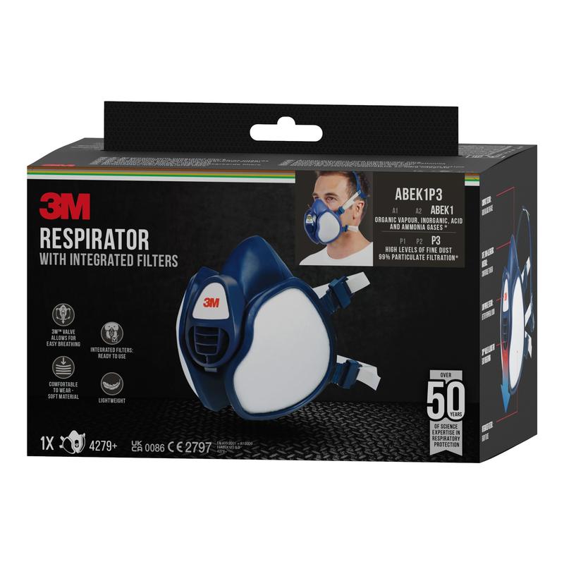 De verpakking van het 3M™ ademhalingsmasker met geïntegreerde filters van 3M Deutschland GmbH is overwegend zwart en toont naast de productdetails een afbeelding van het masker en een kleine foto van de drager.