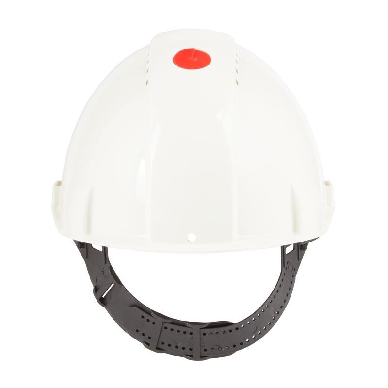 De 3M™ Beschermhelm G3000C Uvicator van 3M Deutschland GmbH is een witte beschermhelm met een zwarte, verstelbare kinriem en een rode Uvicator-knop, afgebeeld op een eenvoudige witte achtergrond. Ideaal voor de eisen van arbeidsbescherming.
