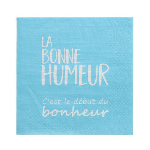 De PAPSTAR 20 servetten (33x33 cm, 3-laags, blauw) van PAPSTAR GmbH zijn voorzien van een witte Franse tekst: "LA BONNE HUMEUR C'est le début du bonheur" ("Goed humeur is het begin van geluk").