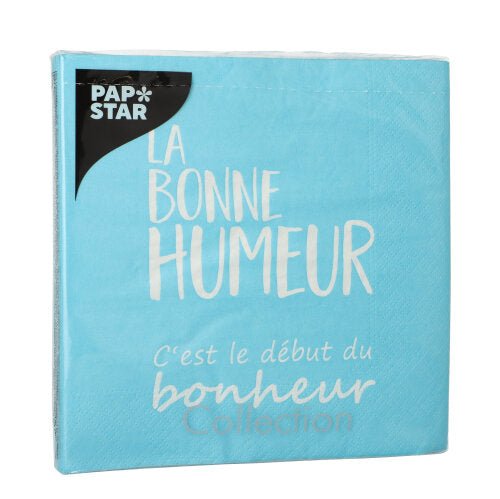 Een blauwe verpakking PAPSTAR 20 servetten, 33x33 cm, 3-laags, met "La bonne humeur c'est le début du bonheur Collection" in wit en het logo van de PAPSTAR GmbH linksboven.