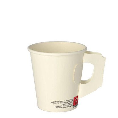 Een witte wegwerpbekertje (0,18 l, Ø 7,3 cm x 7,8 cm) van Starpak-papier met een rechthoekig handvat aan de zijkant en kleine zwart-rode tekst op de bodem; de set bevat 25 bekers. De achtergrond is wit.
