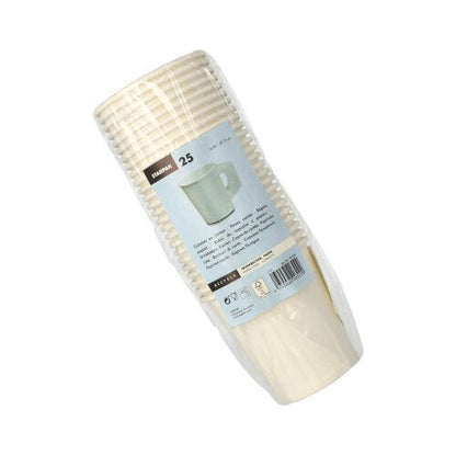 Een stapel van 25 witte Starpak-wegwerp-papierbekers (elk 0,18 l, Ø 7,3 cm, 7,8 cm hoog) met handvatten, verpakt in doorzichtige folie, bedrukt met het Starpak-logo en productdetails.