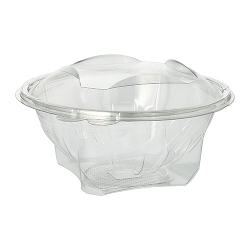 De Starpak 50 delicatessen- en slaschalen met klapdeksel zijn doorzichtige, ronde R-PET-containers, ideaal voor salades of om mee te nemen. Ze zijn leeg afgebeeld op een eenvoudige witte achtergrond. Merk: Starpak.