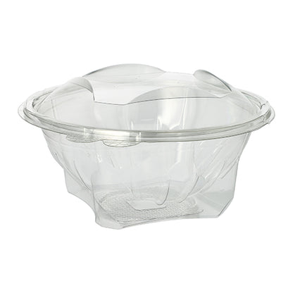 De Starpak 50 delicatessen- en slaschalen met klapdeksel zijn doorzichtige, ronde R-PET-containers, ideaal voor salades of om mee te nemen. Ze zijn leeg afgebeeld op een eenvoudige witte achtergrond. Merk: Starpak.