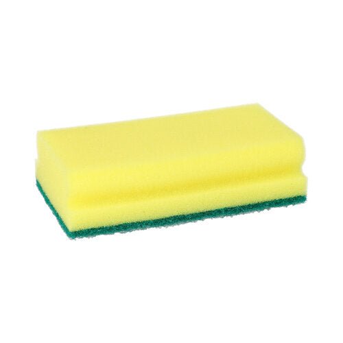 De Starpak 3 Topfreiniger spons Jumbo is een rechthoekige geel-groene keukenspons (4,1 x 14,8 x 8,5 cm) met gripgroef en schuurvlak voor effectieve reiniging; afgebeeld op een eenvoudige witte achtergrond. Set van 3 met banderol.