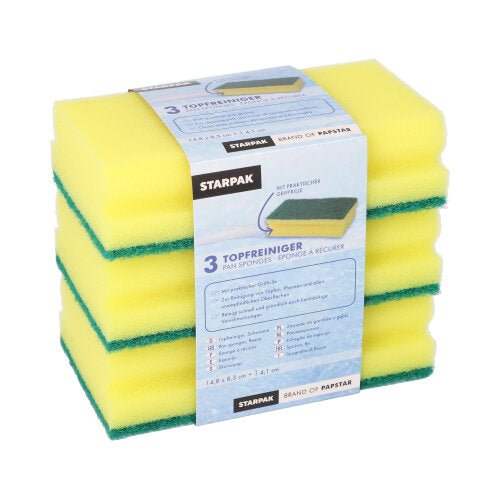 Een verpakking met 3 rechthoekige geel/groene Starpak Jumbo-sponzen met gripgroef en krasbestendig oppervlak (4,1 x 14,8 x 8,5 cm), in een banderol, ideaal voor de effectieve reiniging van potten en pannen.