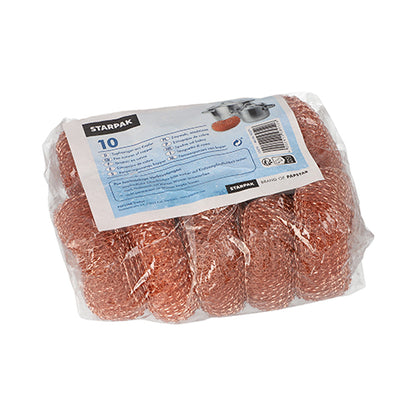 Een doorzichtige kunststofverpakking bevat 10 Starpak koperen pannensponsen rond Ø 9 cm · 3 cm, elk robuust voor een efficiënte reiniging, met een blauw-wit etiket met productinformatie en streepjescode.