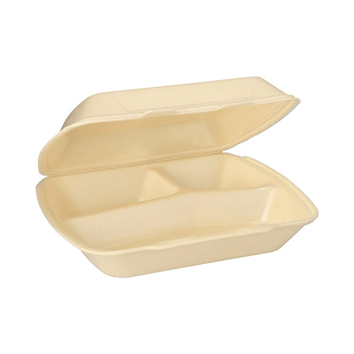 Een beige, rechthoekige Starpak menubox met klapdeksel (XPS, 3-delig, 7,5 x 24,3 x 20,8 cm) is open en leeg en toont drie vakken aan de binnenkant.