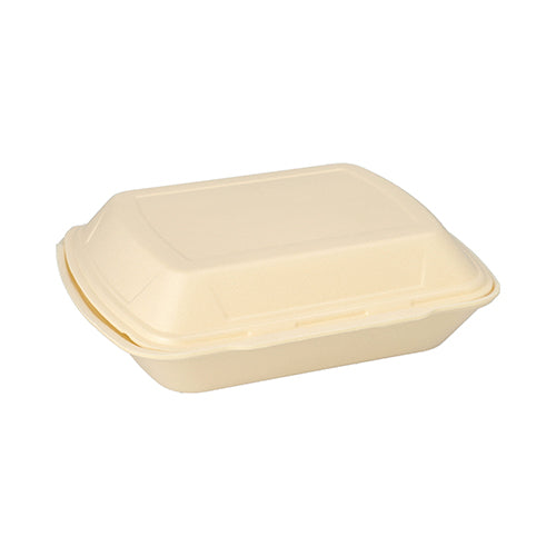 Een gesloten, beige Starpak menubox met klapdeksel van XPS, 3-delig (7,5 x 24,3 x 20,8 cm), voor de horeca, is te zien tegen een witte achtergrond.