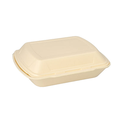 Een gesloten, beige Starpak menubox met klapdeksel van XPS, 3-delig (7,5 x 24,3 x 20,8 cm), voor de horeca, is te zien tegen een witte achtergrond.