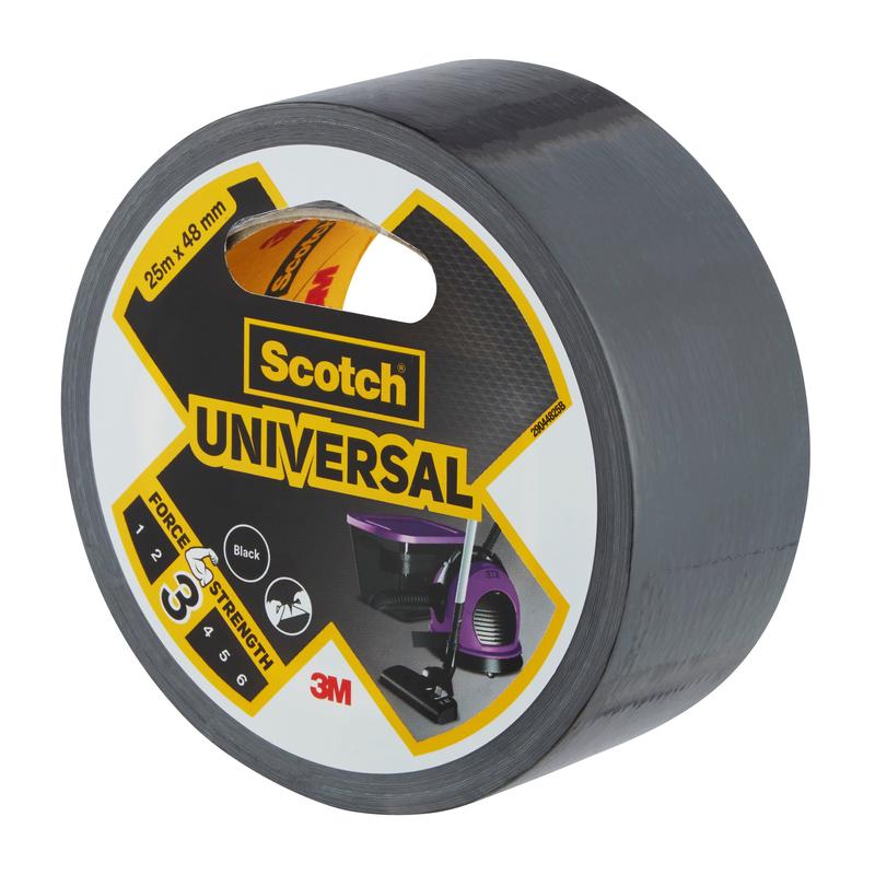 Een rol Scotch® Universal Tape 2904, 25 m x 48 mm van 3M Deutschland GmbH, met een etiket met de merknaam, de productnaam, de bandgrootte, de krachtklasse 3 en het 3M-logo.