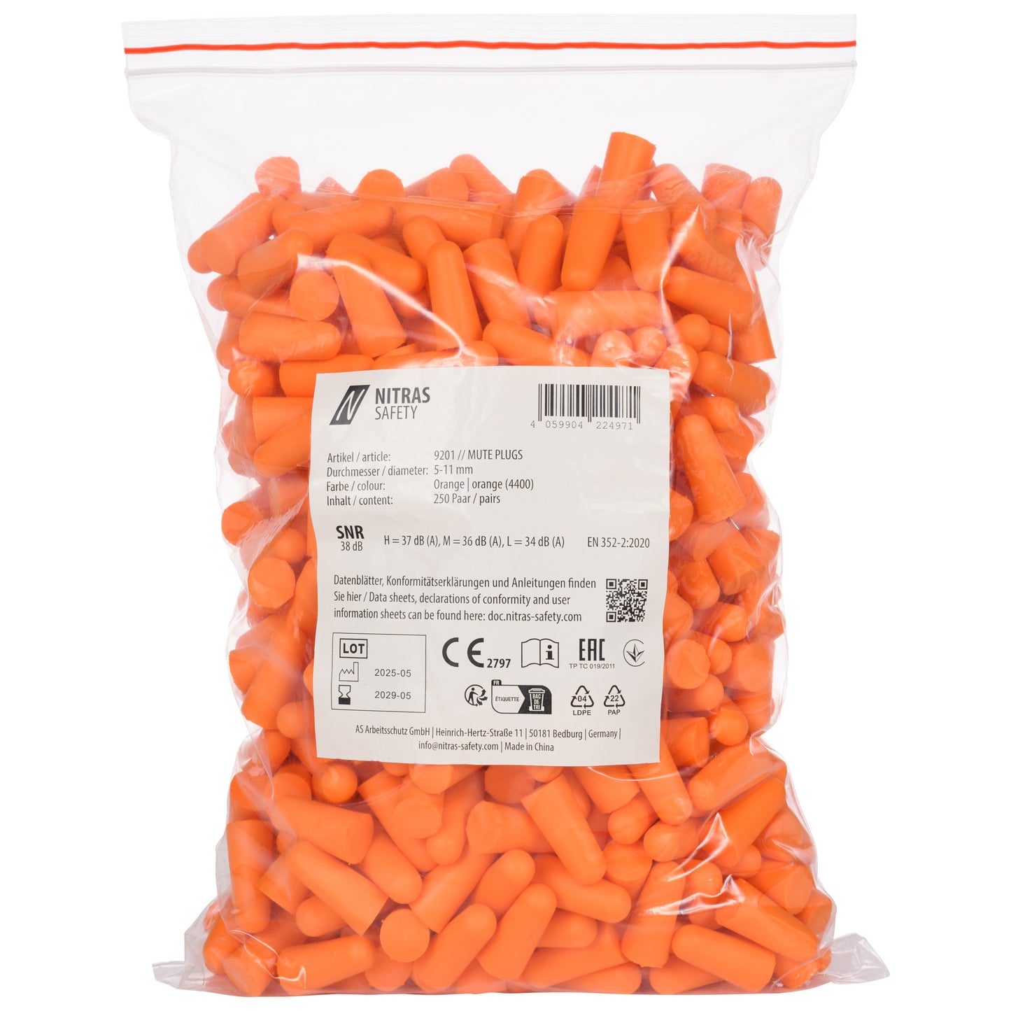 NITRAS MUTE PLUGS, oordopjes, oranje, EN 352-2, 250 paar / polybag PU | Pak (1 stuk)
