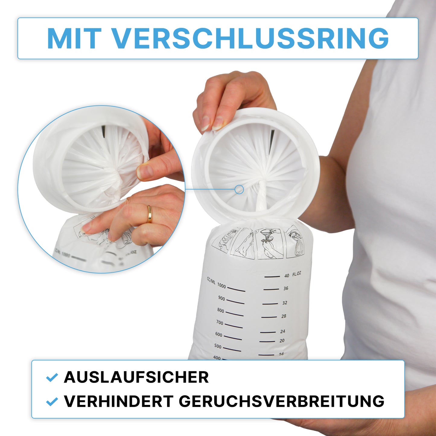 Eine Person demonstriert das Verschließen eines ARNOMED Spuckbeutels mit Verschlussring (ARNOWA GmbH), eines weißen medizinischen Kunststoffbeutels mit Messmarken und bebilderter deutscher Anleitung, die den Auslaufschutz und die Geruchsvermeidung hervorhebt. Satz: 25 Stück.