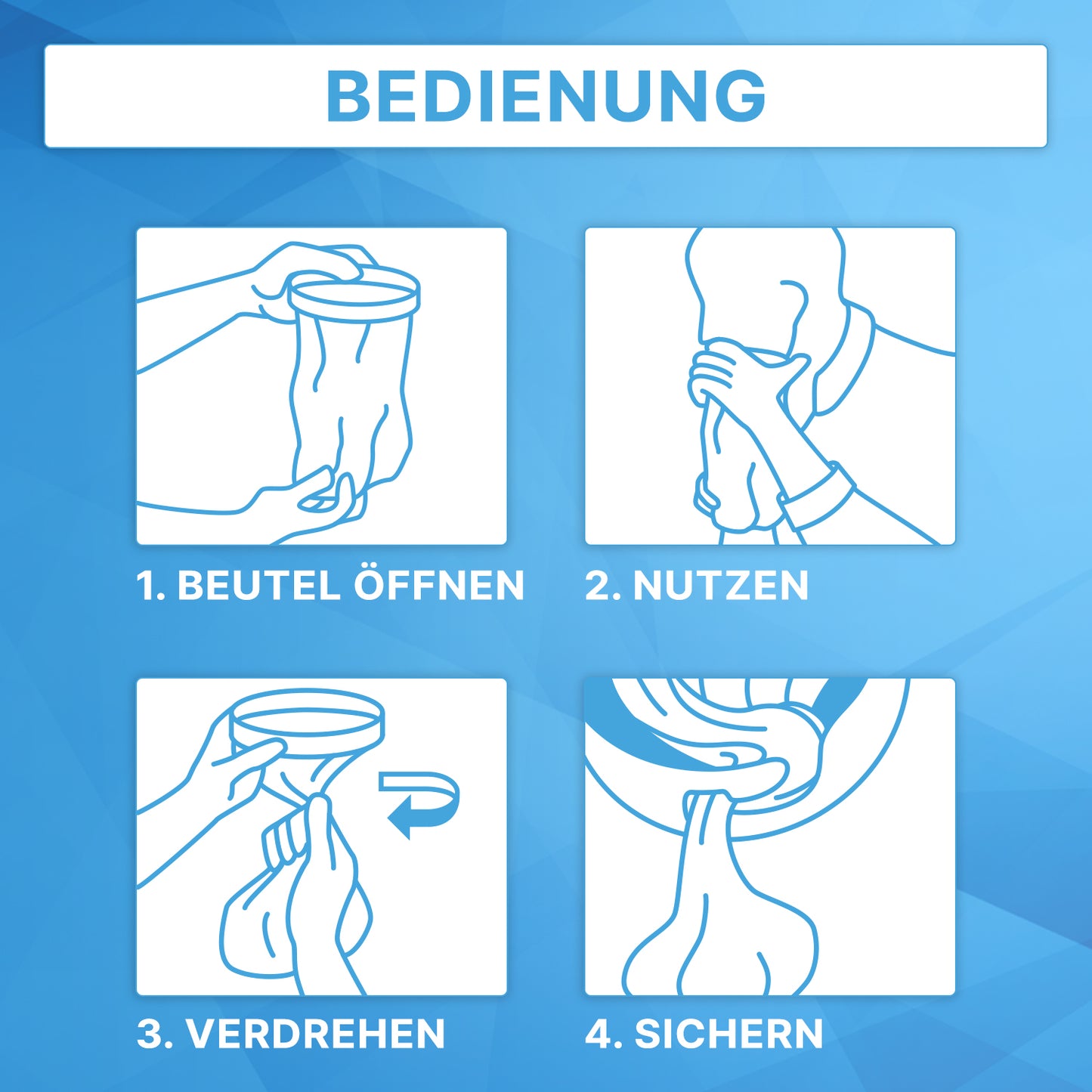 Vier mit 1-4 beschriftete Abbildungen zeigen, wie der ARNOMED Spuckbeutel mit Verschlussring (ARNOWA GmbH) zu verwenden ist: Beutel öffnen, an den Mund halten, oben zudrehen und mit dem Verschlussring sichern. Anleitung ist auf Deutsch als medizinisches Zubehör.