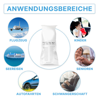 Ein Diagramm zeigt in der Mitte den ARNOMED Spuckbeutel mit Verschlussring (ARNOWA GmbH) in weiß, umgeben von fünf beschrifteten Kreisen: Flugzeug, Seereisen, Kinder, Senioren, Autofahrten und Schwangerschaft.