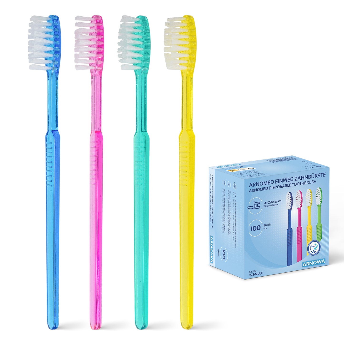Vier Einwegzahnbürsten in blau, rosa, grün und gelb stehen aufrecht neben einer blauen ARNOMED Einweg Zahnbürsten mit Zahnpasta Box (100 Stück) der ARNOWA GmbH - jede Zahnbürste einzeln mit Zahnpasta verpackt.