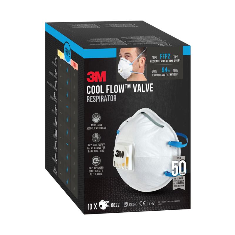 Een doos met 3M™ Cool Flow™ deeltjesmasker 8822, FFP2, met ventiel van 3M Deutschland GmbH, met een afbeelding van het masker en productdetails; bevat 10 maskers per zwarte doos met blauwe en witte accenten.