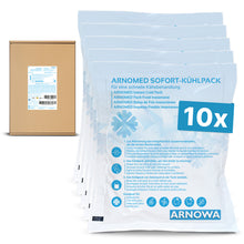 Zehn ARNOMED SOFORTKÄLTEKOMPRESSE der ARNOWA GmbH sind in einer Klarsichtverpackung vor einem Karton abgebildet. Die in Deutschland gekennzeichneten Packungen mit dem blauen ARNOMED-Logo bieten eine gebrauchsfertige Kältetherapie.