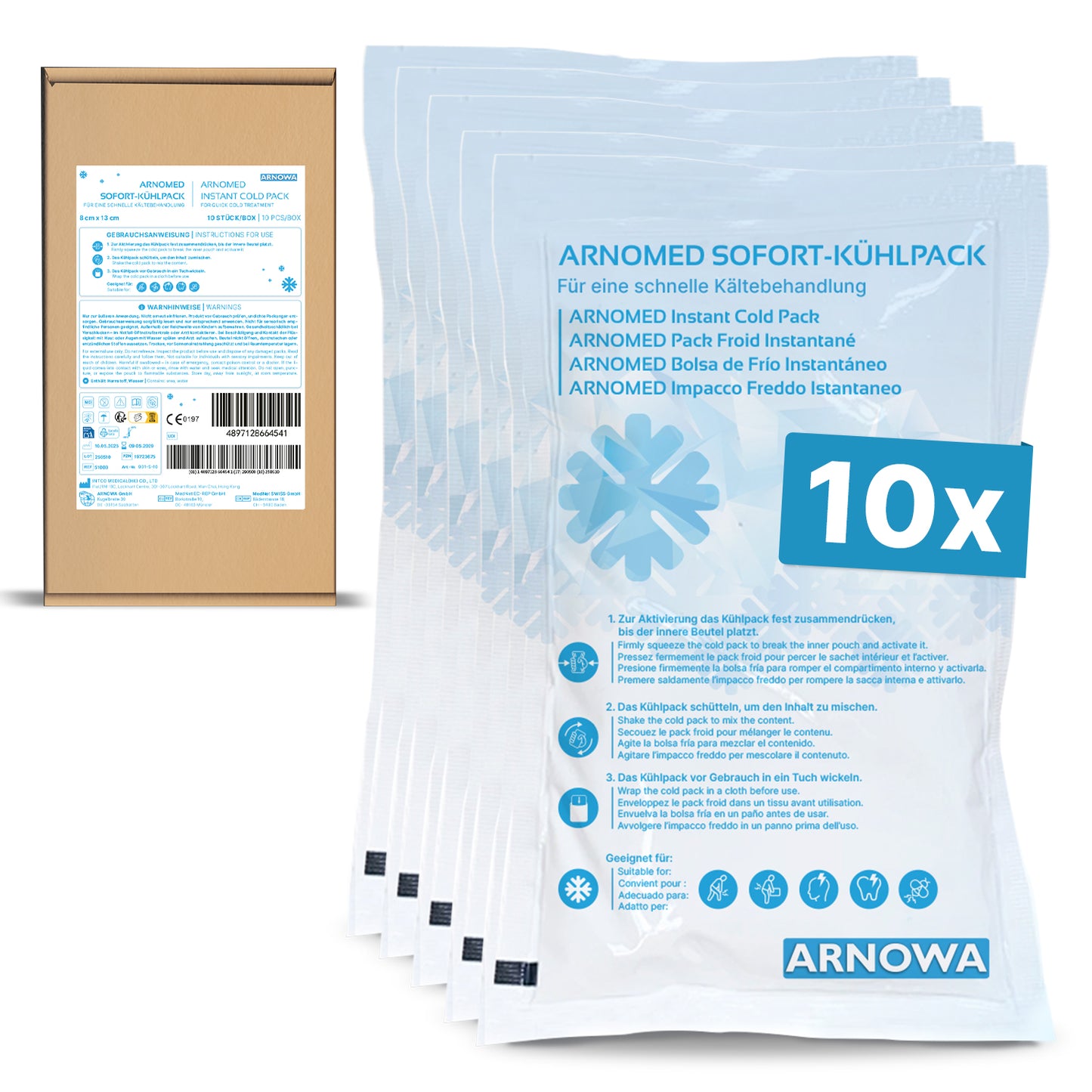 Fünf ARNOMED SOFORTKÄLTEKOMPRESSE der ARNOWA GmbH mit der Aufschrift "10x" liegen vor einer braunen Schachtel. Jede Packung ist auf der Vorderseite mit blauer Schrift und Symbolen versehen, die darauf hinweisen, dass es sich um gebrauchsfertige Kühlkompressen handelt.