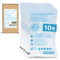 Fünf ARNOMED SOFORTKÄLTEKOMPRESSE der ARNOWA GmbH mit der Aufschrift "10x" liegen vor einer braunen Schachtel. Jede Packung ist auf der Vorderseite mit blauer Schrift und Symbolen versehen, die darauf hinweisen, dass es sich um gebrauchsfertige Kühlkompressen handelt.