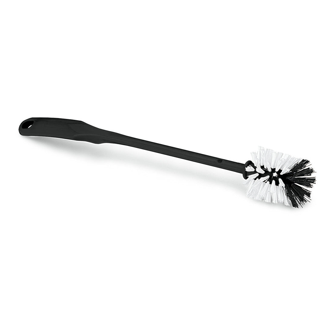 De Nölle Profi Brush urinaalborstel van geregranuleerd materiaal van Nölle Profi Brush Borstel- & Penseeltechniek e.K. heeft een lange zwarte steel en een ronde kop met witte en zwarte borstelharen, die op een eenvoudige witte achtergrond zijn afgebeeld.