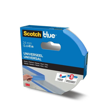 Een doos ScotchBlue™ schilderafplaktape "Multi-Surface" van 3M Deutschland GmbH (24 mm x 41 m) met blauw, gedeeltelijk uitgerold tape. De verpakking wijst op de geschiktheid voor verschillende ondergronden en een schone verwijdering tot drie dagen.