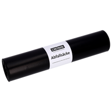 Abgebildet ist eine Rolle DEISS 95036 schwarzer Müllbeutel (500+400x1100 mm, Typ 60, 25 Beutel/Rolle) der EMIL DEISS KG (GmbH + Co.) mit weißem Etikett vor hellem Hintergrund.