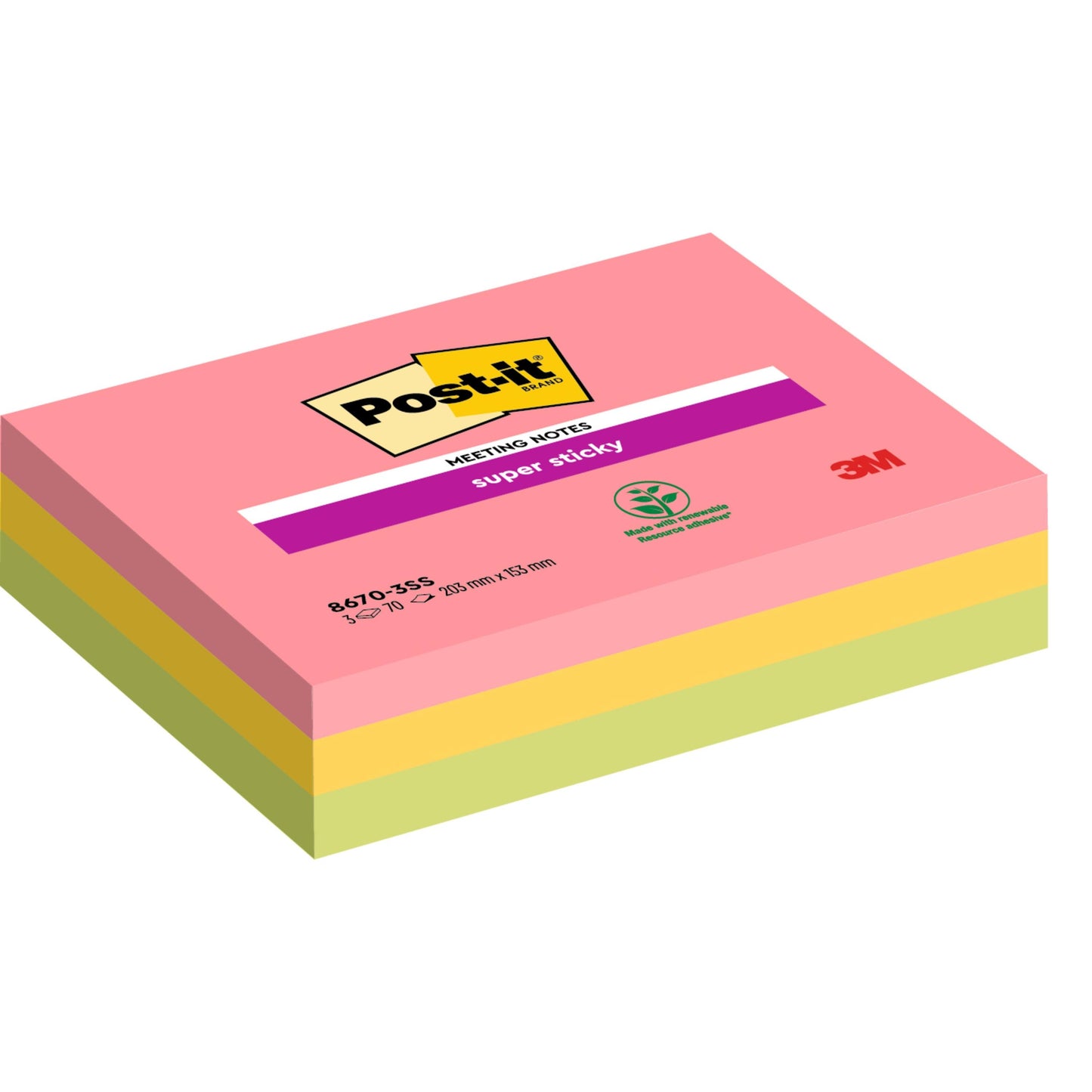 Een stapel rechthoekige Post-it® Super Sticky Meeting Notes van 3M Deutschland GmbH in verschillende kleuren (203 mm x 153 mm, 70 vel/blok, 3 blokken/verpakking), met super-kleefnotities van 100% PEFC-gecertificeerd papier (SGSCH-PEFC-COC-110078).