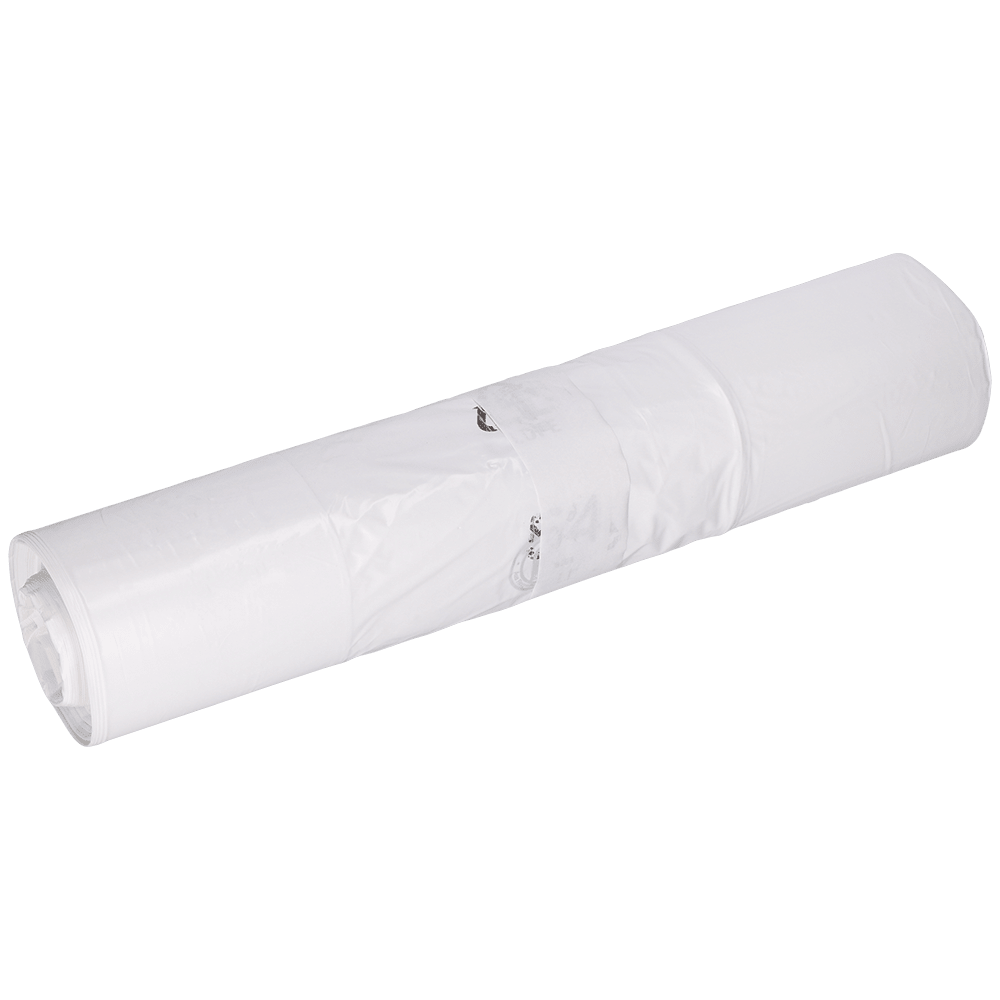 Een opgerolde EMIL DEISS KG vuilniszak (DEISS 96030 - 400+200x700x0,035 mm wit, rol met 50 stuks) is met transparant plakband en een kleine metalen sleutelhanger bevestigd tegen een eenvoudige witte achtergrond.