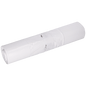 Een opgerolde EMIL DEISS KG vuilniszak (DEISS 96030 - 400+200x700x0,035 mm wit, rol met 50 stuks) is met transparant plakband en een kleine metalen sleutelhanger bevestigd tegen een eenvoudige witte achtergrond.