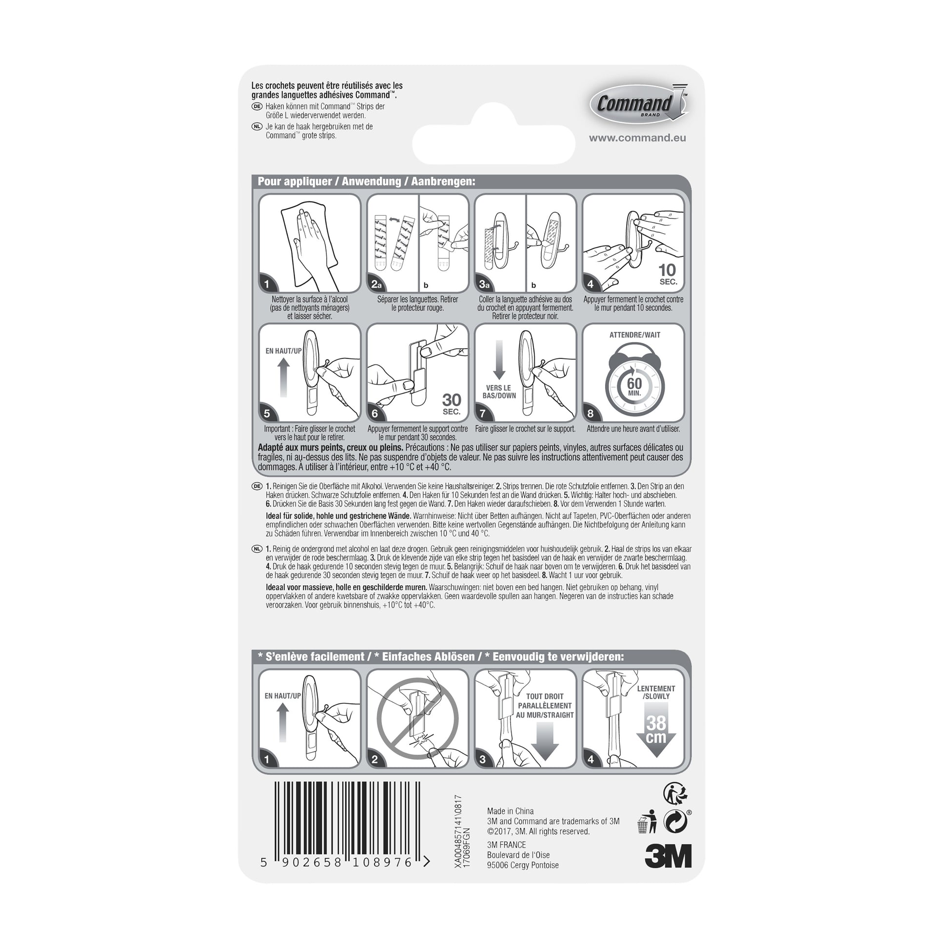Die Rückseite der Command™ Large Drahthaken, 17069-Verpackung von 3M Deutschland GmbH zeigt illustrierte Anwendungs-/Entfernungsschritte, mehrsprachige Anweisungen, Sicherheitssymbole, Barcode und das 3M Branding am unteren Rand.