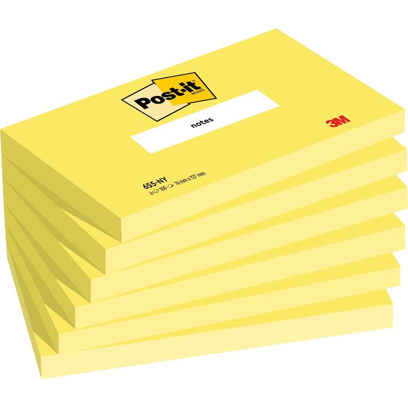 Afgebeeld is een stapel van zes gele Post-it® Notes (76 mm x 127 mm, 100 vel/blok, 100% PEFC) van 3M Deutschland GmbH met het Post-it® logo en een "notes"-etiket bovenaan en het 3M-logo in de rechterbenedenhoek.