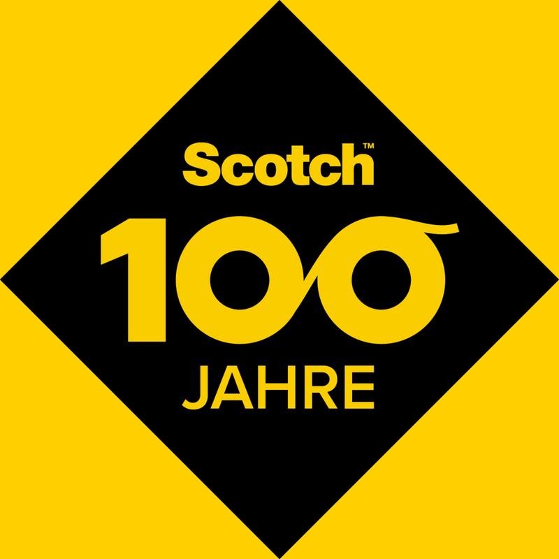Een zwarte ruit met vetgedrukte gele tekst "Scotch 100 jaar" onder gebruikmaking van een oneindigheidssymbool voor "00" markeert 100 jaar Scotch® Crystal plakband (19 mm x 12 m, 2 rollen op dispensers + 3,2 m GRATIS) van 3M Deutschland GmbH op een gele achtergrond.