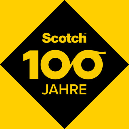 Een zwarte ruit op een gele achtergrond toont "Scotch 100 Jahre" met doorlopende nullen en markeert 100 jaar Scotch® Magic™ Onzichtbare Tape en de Scotch™ Tafeldispenser C18 van 3M Deutschland GmbH, kantooraccessoires, 1 rol/verpakking.