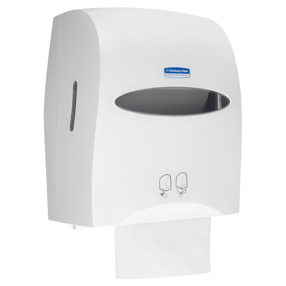 De Kimberly-Clark Professional™ Elektronische No Touch Dispenser in Wit maakt hygiënische papierafgifte mogelijk via wandmontage, met doorschijnende voorkant, papieruitgifte aan de onderkant en gebruiksvriendelijke pictogrammen.