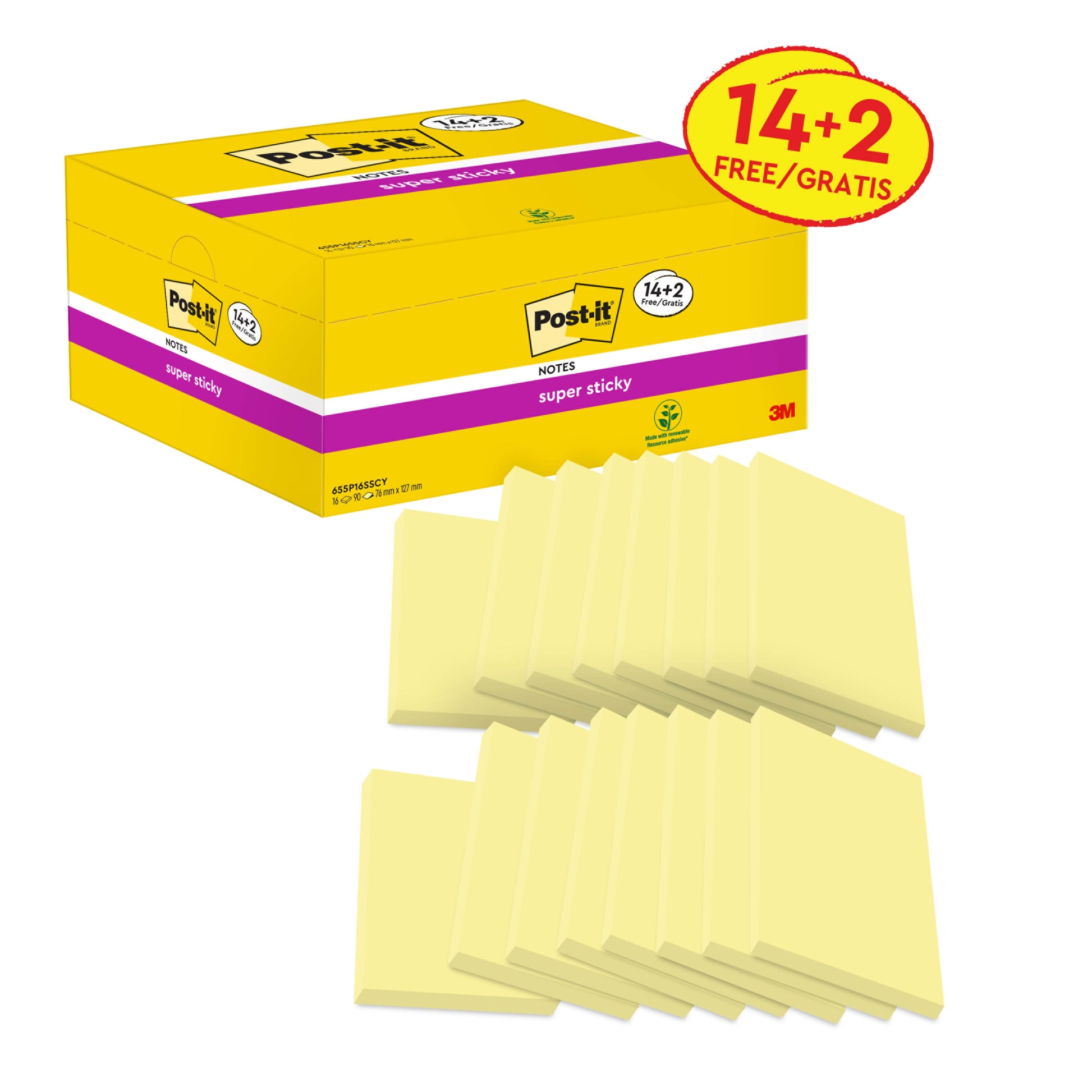 Eine gelbe Schachtel Post-it® Super Sticky Notes (76x127 mm, gelb) mit der Aufschrift "14+2 Gratis" von 3M Deutschland GmbH, enthält 16 gelbe Blöcke. Jeder Block hat 90 Blatt und die Packung ist PEFC-zertifiziert, SGSCH-PEFC-COC-110078.