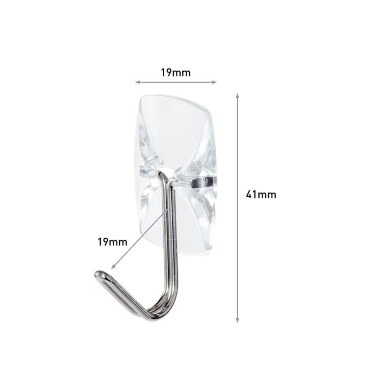 De Command™ draadhaakjes, klein, transparant van 3M Deutschland GmbH is een heldere wandhaak met metalen haak (zijaanzicht). Afmetingen: 19 mm breed, 41 mm hoog, steekt 19 mm uit. Inclusief transparante strips.