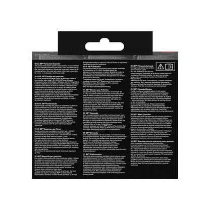 Achterkant van de verpakking van het 3M™ deeltjesmasker 8710E, FFP1, zonder ventiel van 3M Deutschland GmbH met veiligheidsinstructies en informatie in meerdere talen op een zwarte achtergrond met witte tekst en symbolen voor recycling en droog houden.