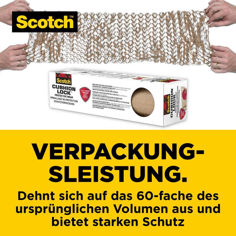 Twee handen rollen de Scotch™ Cushion Lock™ Beschermverpakking (30,4 cm x 9,14 m, 1 rol/verpakking) van 3M Deutschland GmbH over een doos. Ideaal voor kwetsbare voorwerpen - zet uit en biedt sterke bescherming.