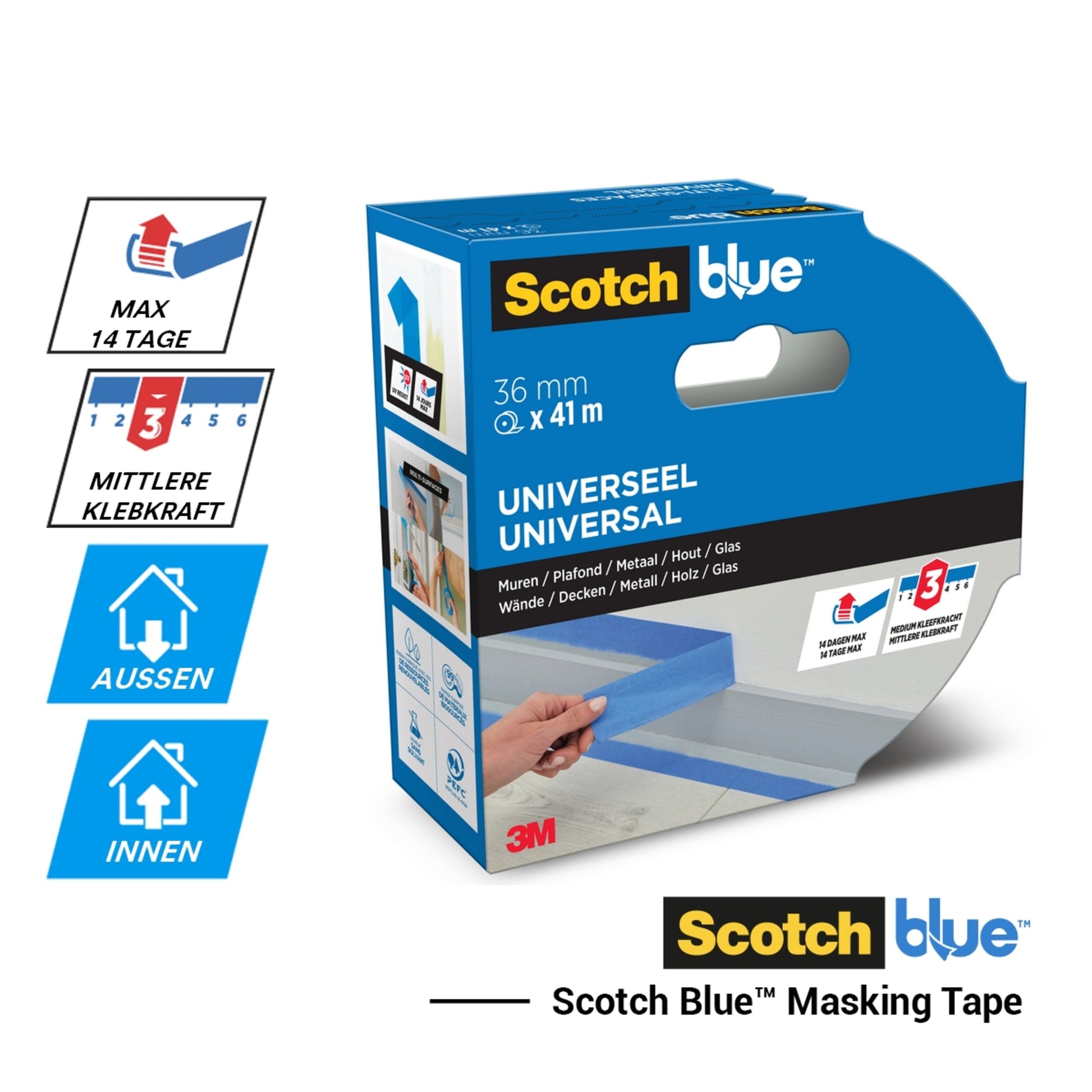 Abgebildet ist eine Packung ScotchBlue™ Malerabdeckband "Multi-Surface" (36 mm x 41 m) der 3M Deutschland GmbH. Auf der Verpackung sind bis zu 14 Tage Verwendungsdauer, mittlere Haftung, Eignung für den Innen- und Außenbereich und Kompatibilität mit verschiedenen Oberflächen angegeben.