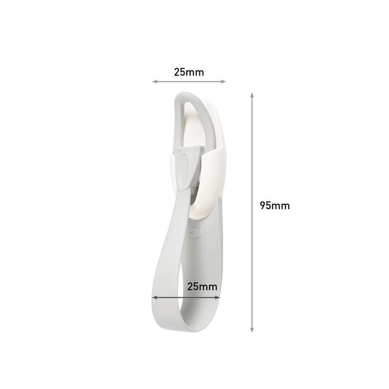 De 3M Deutschland GmbH Command™ kabelhouder, 17304-FR, in wit en grijs, is 25 mm breed en 95 mm hoog. Hij heeft een gebogen basis en een afgeronde, draaibare haak die helpt kabelchaos te voorkomen.