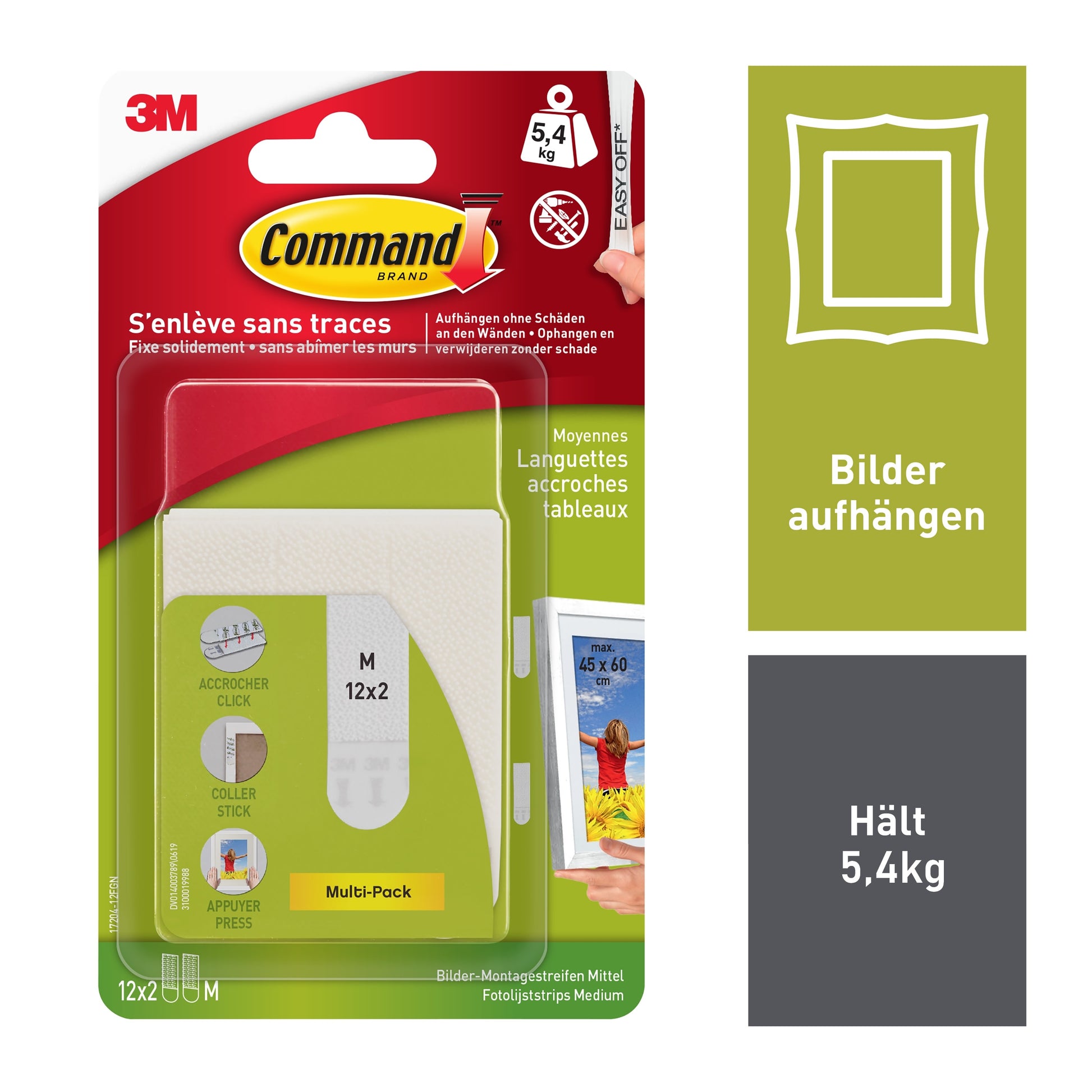 Eine Packung 3M Deutschland GmbH Mittelgroße Command™ Bilder-Montage Strips M 17201-4PKFGN (1 Stück) mit deutschem und französischem Text, der 12 Paare für bis zu 5,4 kg und das Bild eines an der Wand montierten Rahmens zeigt.