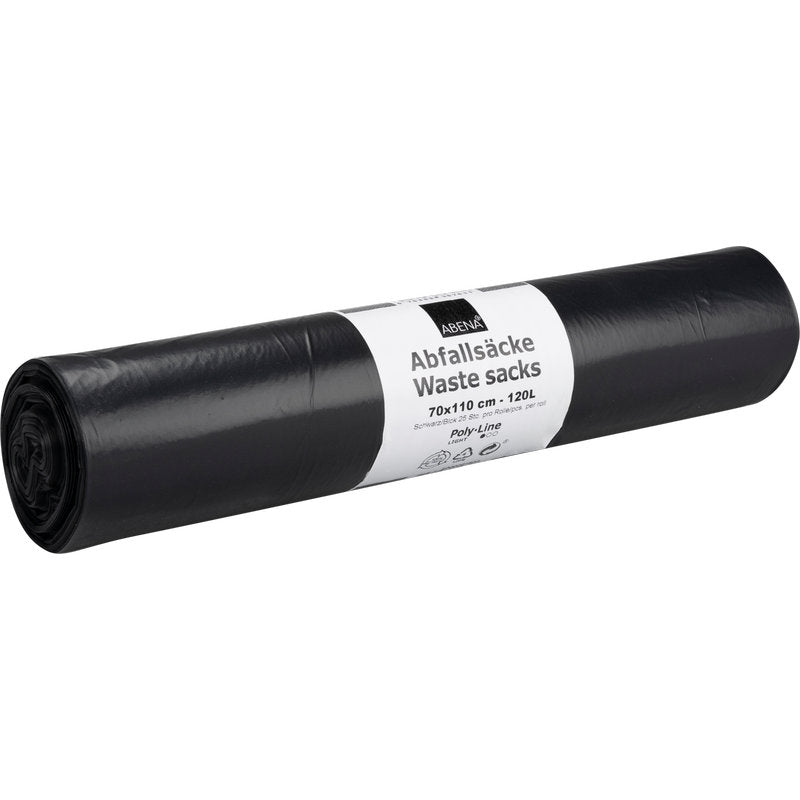 Een rol zwarte LDPE-afvalzakken van Abena Re-Seller GmbH (120 L, 700x1100mm, 34 my, 25 zakken) draagt een wit etiket met merk, grootte en capaciteit in het Duits en Engels.